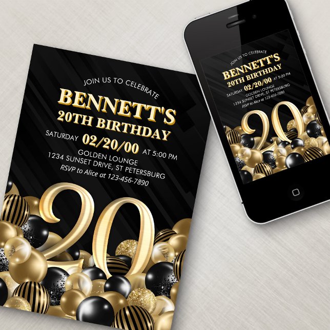 Balloons Black Gold 20th Birthday Invitation (Creator Uploaded)