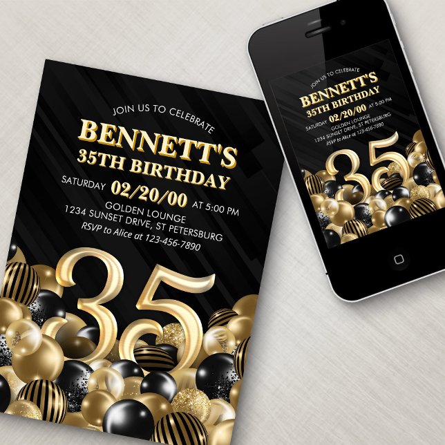 Balloons Black Gold 35th Birthday Invitation (Creator Uploaded)