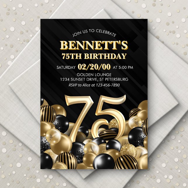 Balloons Black Gold 75th Birthday Invitation (Creator Uploaded)