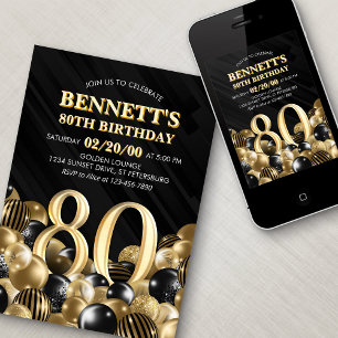 Balloons Black Gold 80th Birthday Invitation