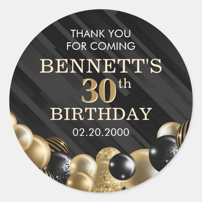 Balloons Black Gold Birthday Classic Round Sticker (Front)