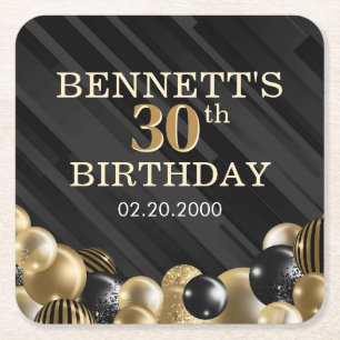 Balloons Black Gold Birthday Square Paper Coaster