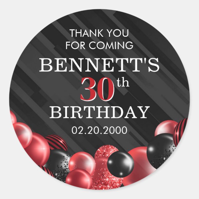 Balloons Black Red Birthday Classic Round Sticker (Front)
