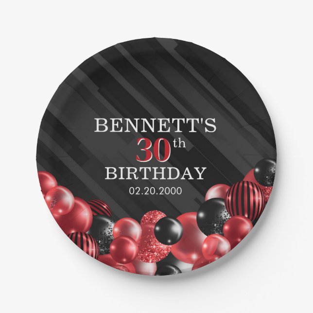 Balloons Black Red Birthday Paper Plate (Front)