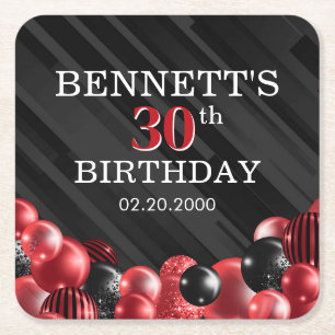 Balloons Black Red Birthday Square Paper Coaster