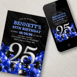 Balloons Blue 25th Birthday Invitation