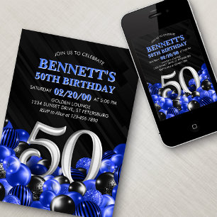Balloons Blue 50th Birthday Invitation