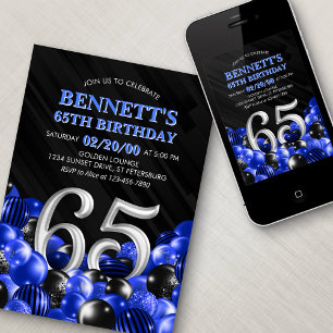 Balloons Blue 65th Birthday Invitation