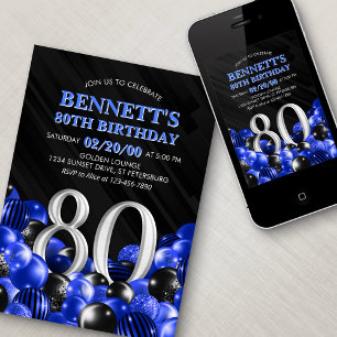 Balloons Blue 80th Birthday Invitation