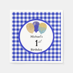 Balloons & Blue Gingham 1st Birthday Napkin
