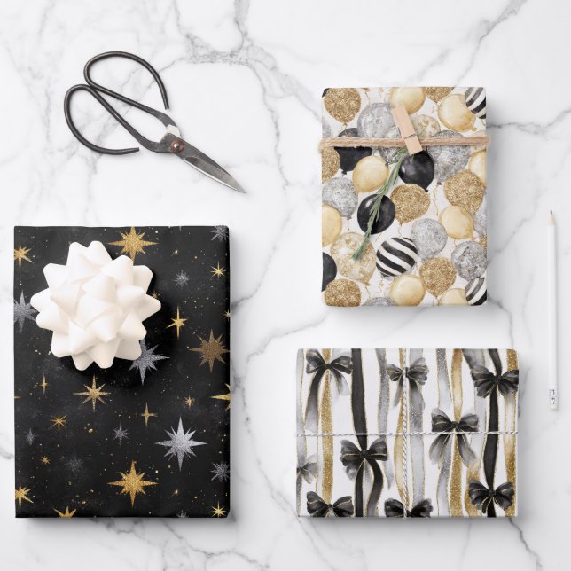 Balloons & Bows Gold Black Silver Christmas   Wrapping Paper Sheet (Front)