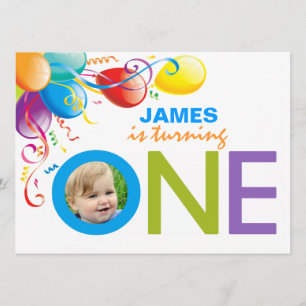 Balloons Boy First Birthday Party Photo Invite