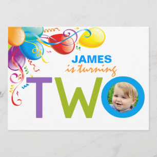 Balloons Boy Two Birthday Party Photo Invite