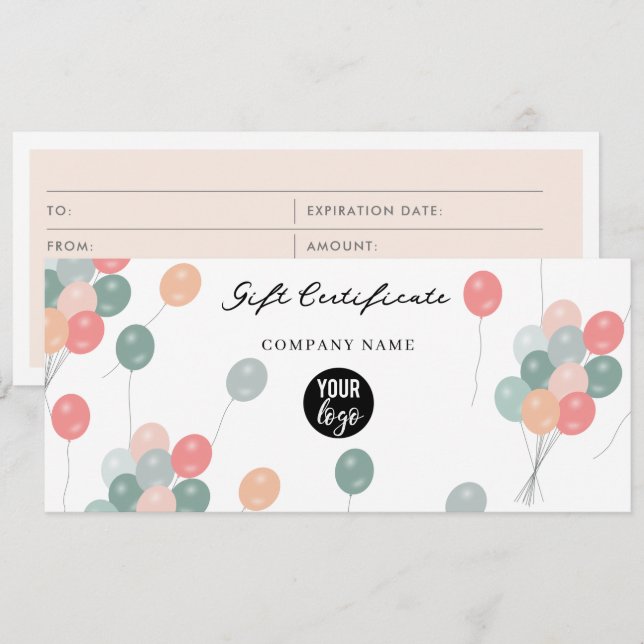 Balloons Business Logo Gift Certificate Voucher (Front/Back)