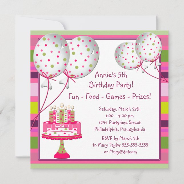 Balloons Cake Girls 4th Birthday Party Invitation (Front)