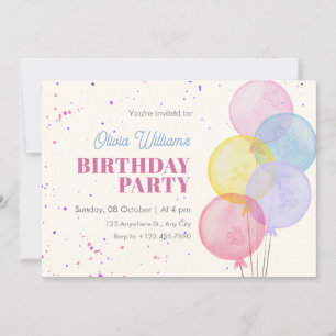 Balloons Colorful pastel watercolor birthday Invitation