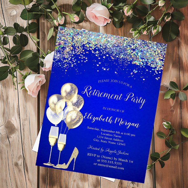 Balloons,Colourful Confetti Royal Blue Retirement  Invitation (Creator Uploaded)