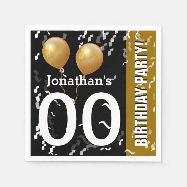 Balloons Confetti Modern Birthday B01 BLACK GOLD Napkin (Front)