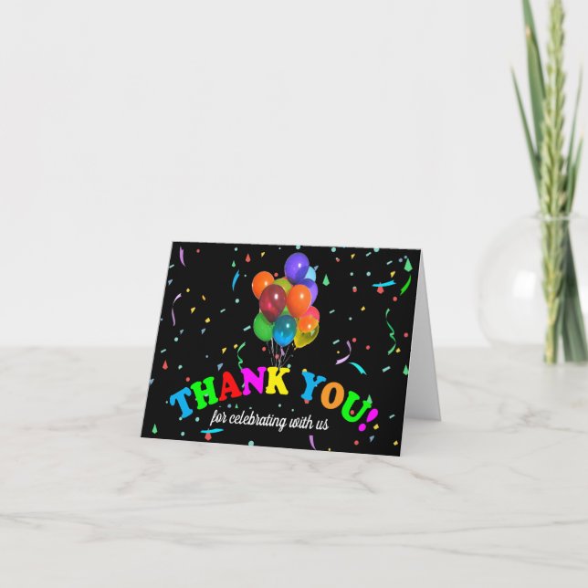 Balloons & Confetti on Black | Thank You Card (Front)
