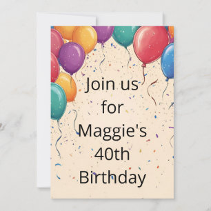 Balloons & Confetti on Cream Birthday Invitation