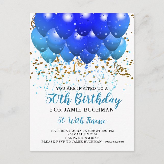 Balloons Confetti On White 50th Birthday Party Invitation Postcard (Front)