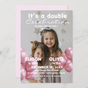 Balloons Double Celebration Photo Kids Birthday  Invitation