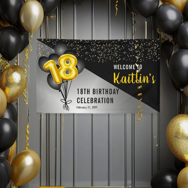 Balloons Elegant Black | Gold 18th Birthday Party  Banner (Elegant Black Balloons and Gold Tone Balloon Numbers 18th Birthday Party Banner)