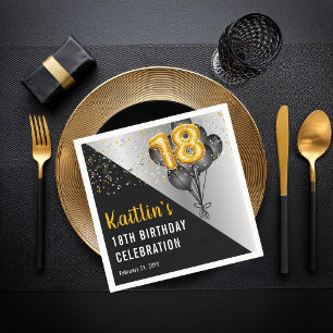 Balloons Elegant Black   Gold 18th Birthday Party  Napkin