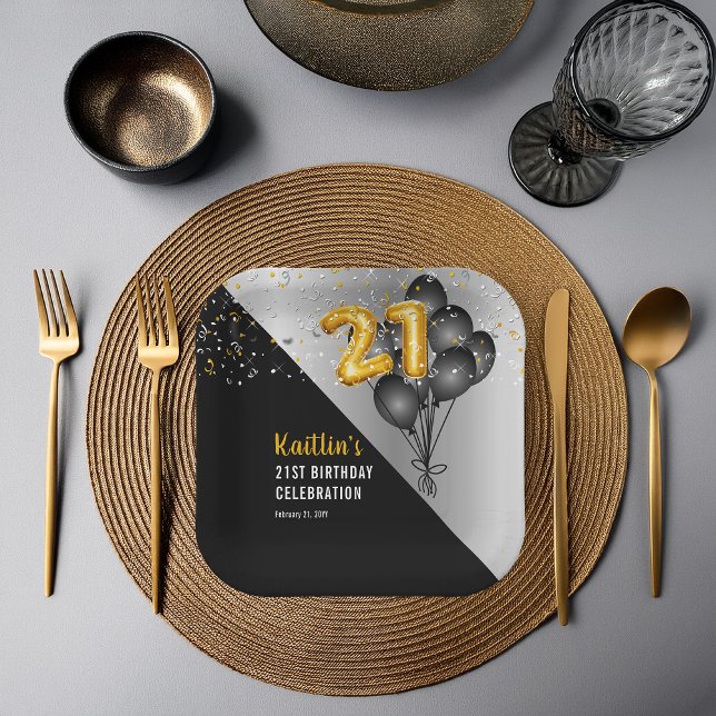 Balloons Elegant Black | Gold 21st Birthday Party  Paper Plate (Elegant Black Balloons and Gold Tone Balloon Numbers 21st Birthday Party Paper Plates)