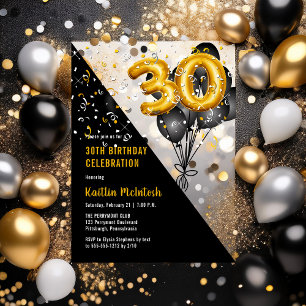 Balloons Elegant Black   Gold 30th Birthday Party Acrylic Invitations