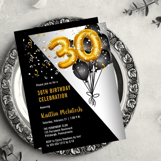 Balloons Elegant Black | Gold 30th Birthday Party Invitation (Balloons Elegant Black, Gold and Silver Tone 30th Birthday Party Invitation )