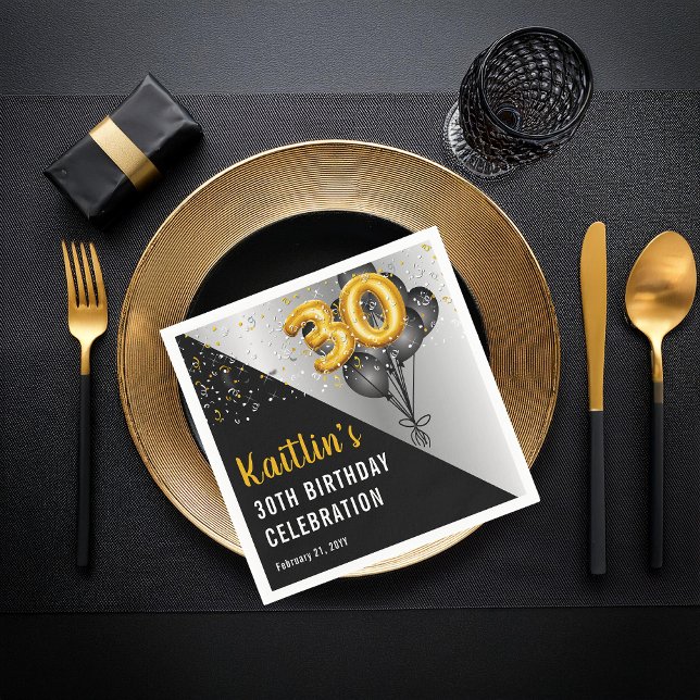 Balloons Elegant Black | Gold 30th Birthday Party  Napkin (Elegant Black Balloons and Gold Tone Balloon Numbers 30th Birthday Party Paper Napkins)