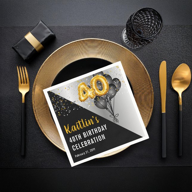 Balloons Elegant Black | Gold 40th Birthday Party  Napkin (Elegant Black Balloons and Gold Tone Balloon Numbers 40th Birthday Party Paper Napkins)
