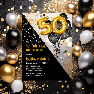 Balloons Elegant Black   Gold 50th Birthday Party Acrylic Invitations