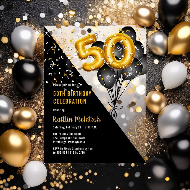 Balloons Elegant Black | Gold 50th Birthday Party Acrylic Invitations (Balloons Elegant Black and Gold Tone 50th Birthday Party Acrylic Invitations)