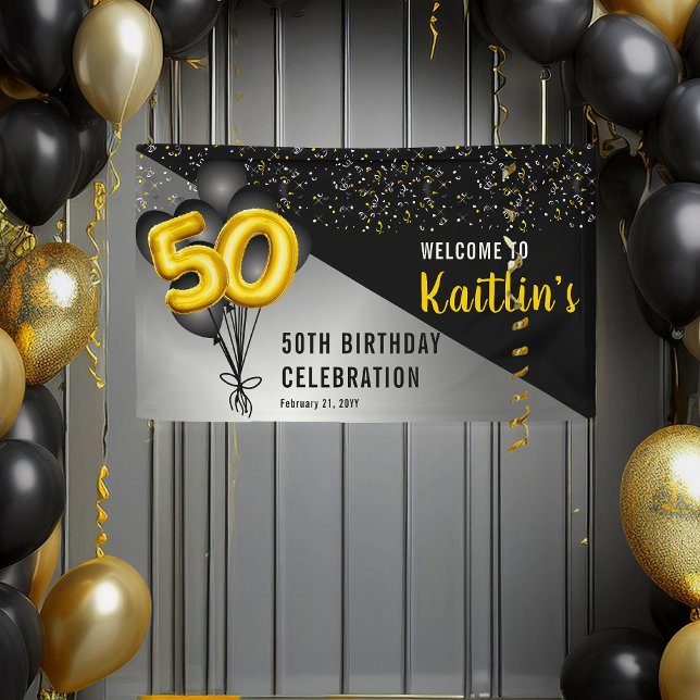 Balloons Elegant Black | Gold 50th Birthday Party Banner (Elegant Black Balloons and Gold Tone Balloon Numbers 50th Birthday Party Banner)