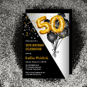 Balloons Elegant Black   Gold 50th Birthday Party Invitation