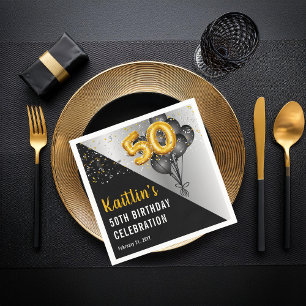 Balloons Elegant Black   Gold 50th Birthday Party  Napkin