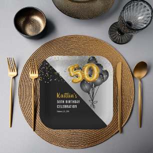 Balloons Elegant Black   Gold 50th Birthday Party  Paper Plate