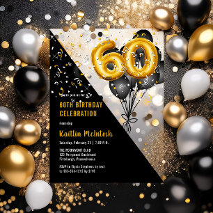 Balloons Elegant Black   Gold 60th Birthday Party Acrylic Invitations