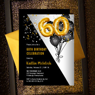 Balloons Elegant Black   Gold 60th Birthday Party Invitation