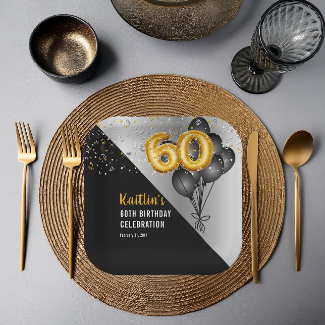 Balloons Elegant Black | Gold 60th Birthday Party  Paper Plate (Elegant Black Balloons and Gold Tone Balloon Numbers 60th Birthday Party Paper Plates)