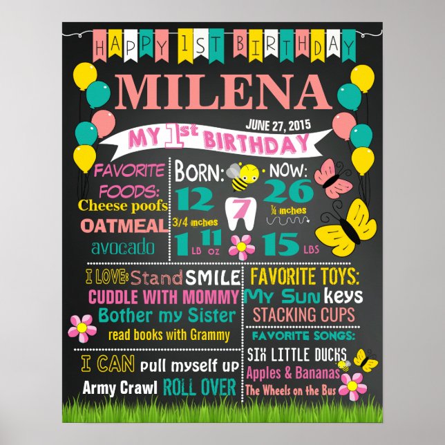 Balloons first birthday chalkboard sign flowers (Front)