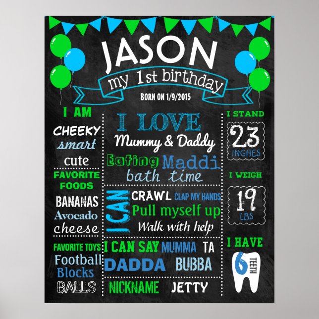 Balloons first birthday chalkboard sign green blue (Front)