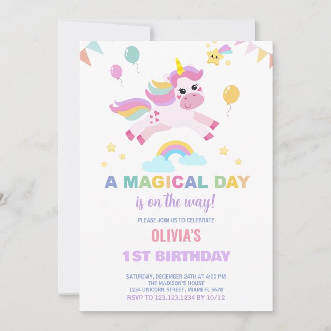 Balloons Flags Unicorns Birthday Invitations (Front)
