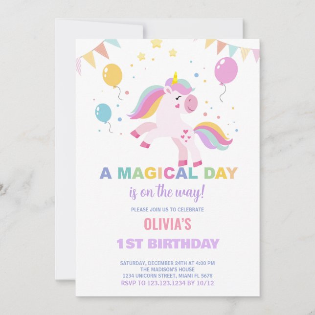 Balloons Flags Unicorns Birthday Invitations (Front)