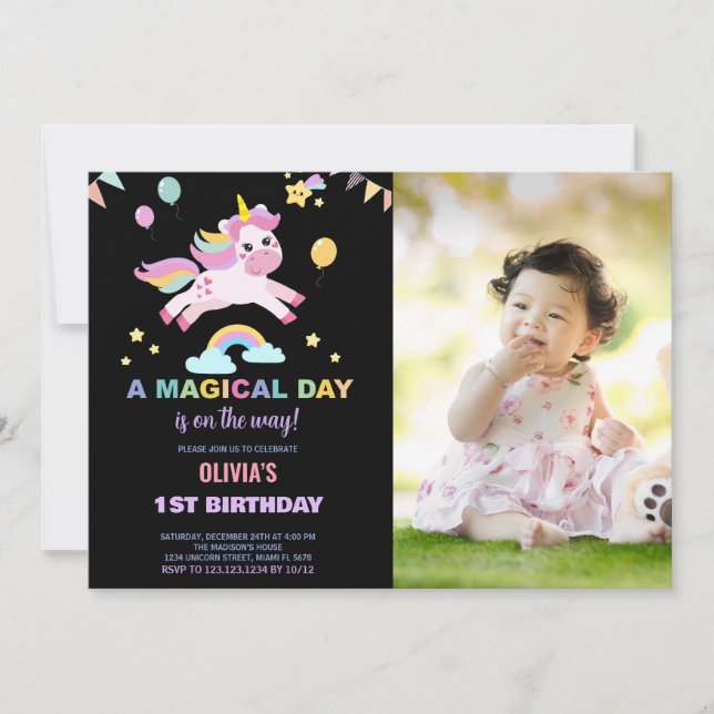 Balloons Flags Unicorns Birthday Invitations photo (Front)