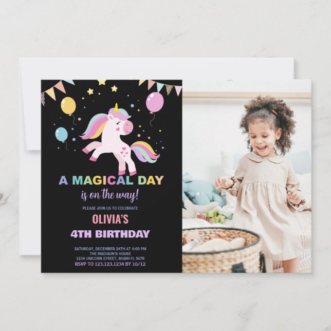 Balloons Flags Unicorns Birthday Invitations photo (Front)