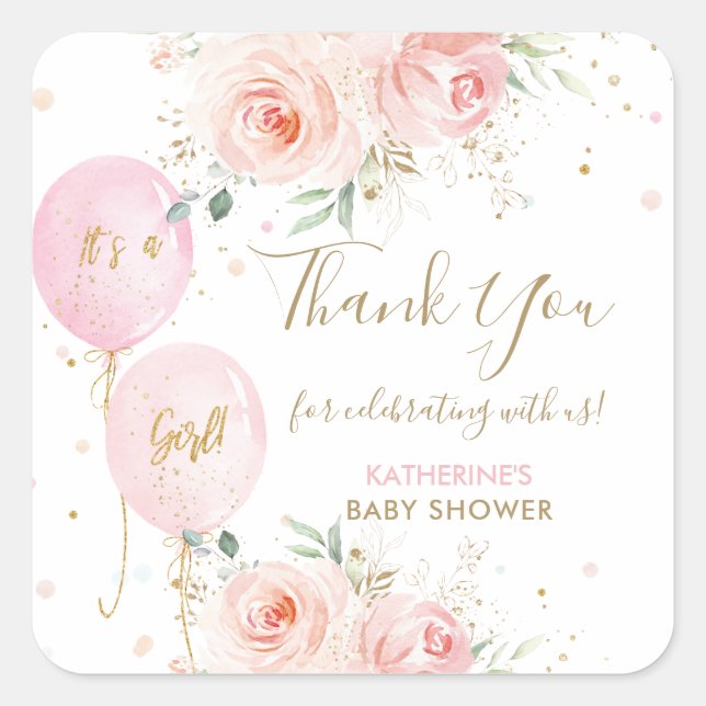 Balloons Floral Girl Baby Shower Thank You Favour Square Sticker (Front)