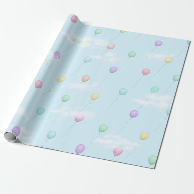 Balloons Flying in Blue Sky With Clouds Wrapping Paper (Unrolled)